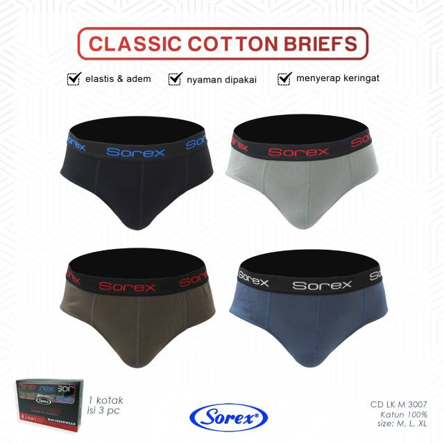 1Box Isi 3pcs Cd Sorex Man 3007 brief Celana Dalam Cowok Sorex Premium Classic Katun Size M L XL