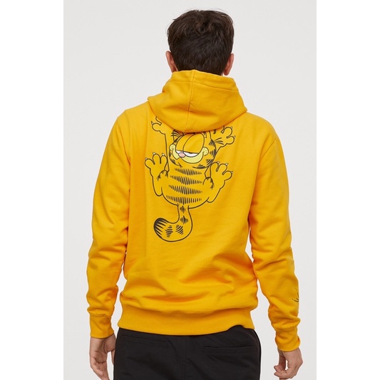 ( 8.8 ) Hoodie H&amp;M Unisex Sablon Garfield Hitam, Sablon Garfield Yellow Kuning, Flecee Katun Lembut Tebal, Free Papperbag