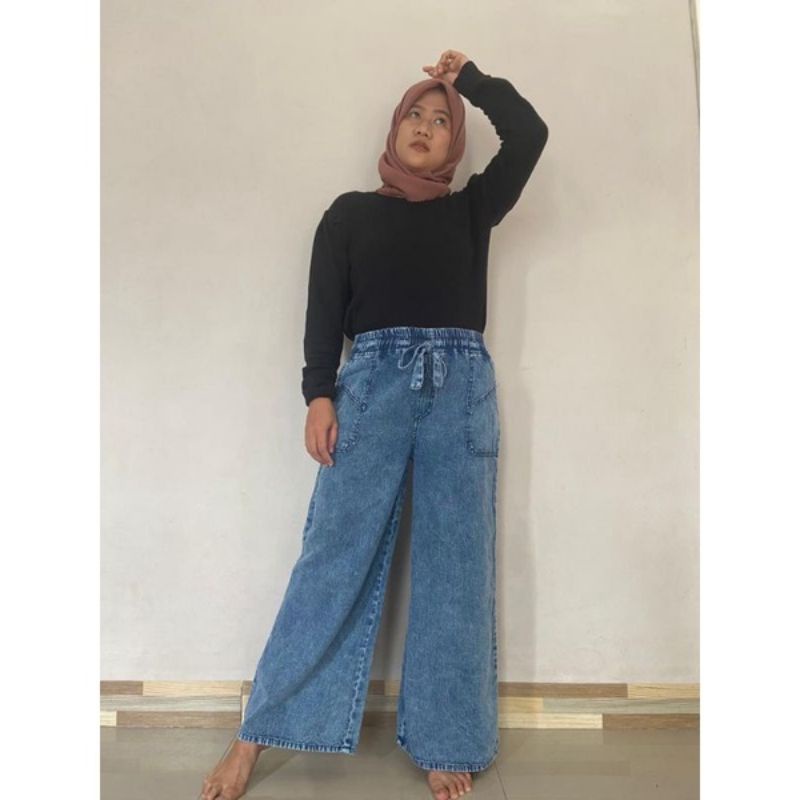 KULOT JEANS HIGHWAIST SNOW PINGGANG KARET