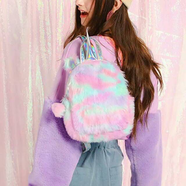 READY STOCK NEW Tas Ransel Wanita UNICORN HOLOGRAM Bulu Lembut Halus Soft Fluffy Imut Lucu Gemoy Omo Omo Kiyowo / Backpack Stylish Bentuk Hewan Kuda Pegasus Korean Style K-POP