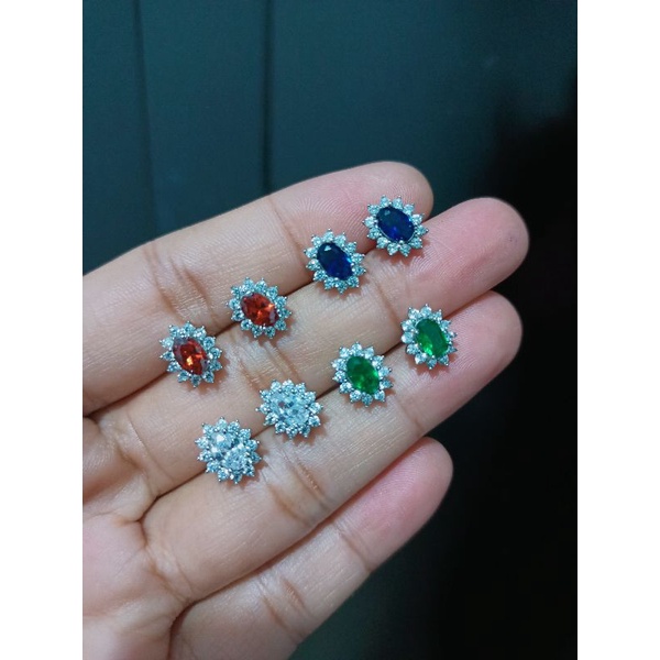 Blue sapphire anting bahan Wynn diamond ,merah,putih,hijau,aman dipake mandi,yg alergi xuping