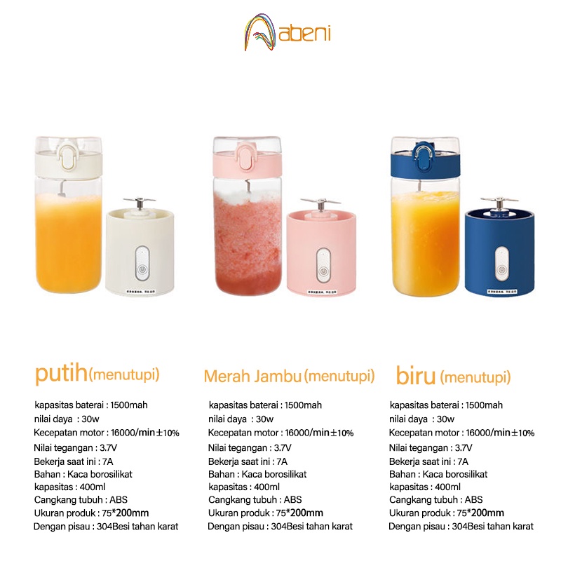 Abeni Mini Juicer Blender Portable 400ML Gelas Kaca Rechargeable USB Juice Cup Pembuat Jus Elektrik