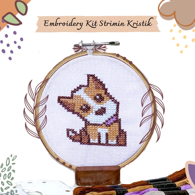 Embroidery Kit Strimin Dog / Kain Kristik / Paket Sulam Benang