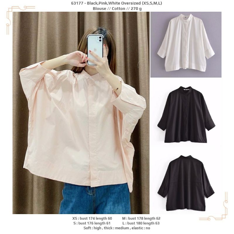 Blouse jumbo oversize polos pink hitam putih lengan panjang