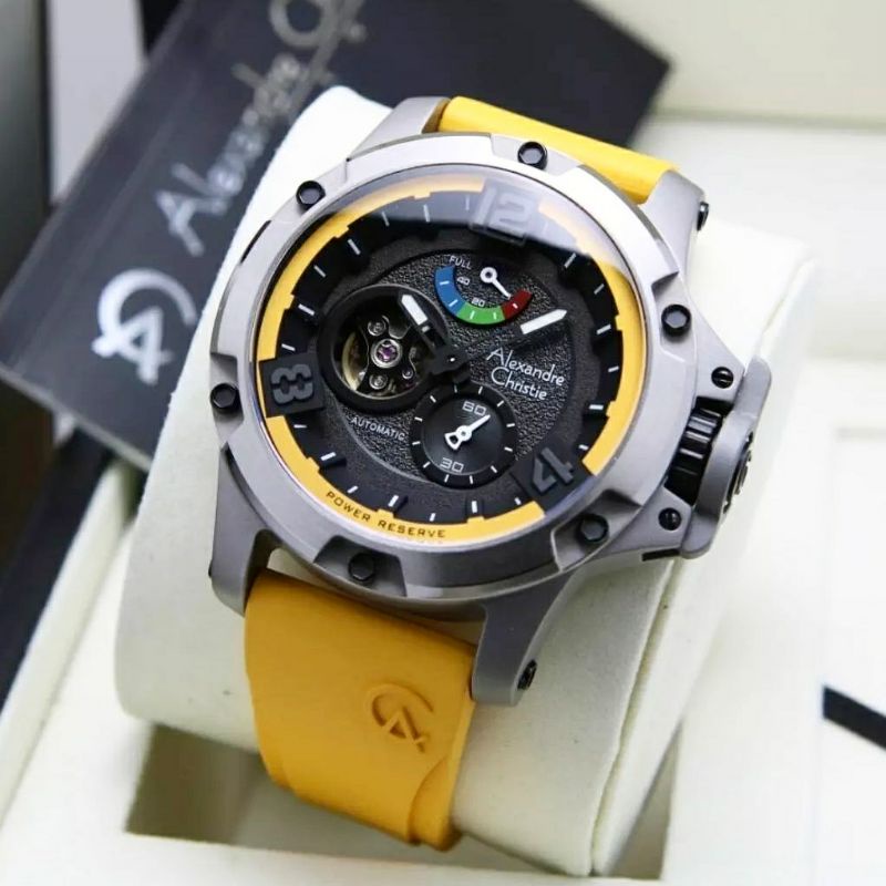 Alexandre christie Automatic Original Ac 6295 Jam Tangan Pria tali karet kuning