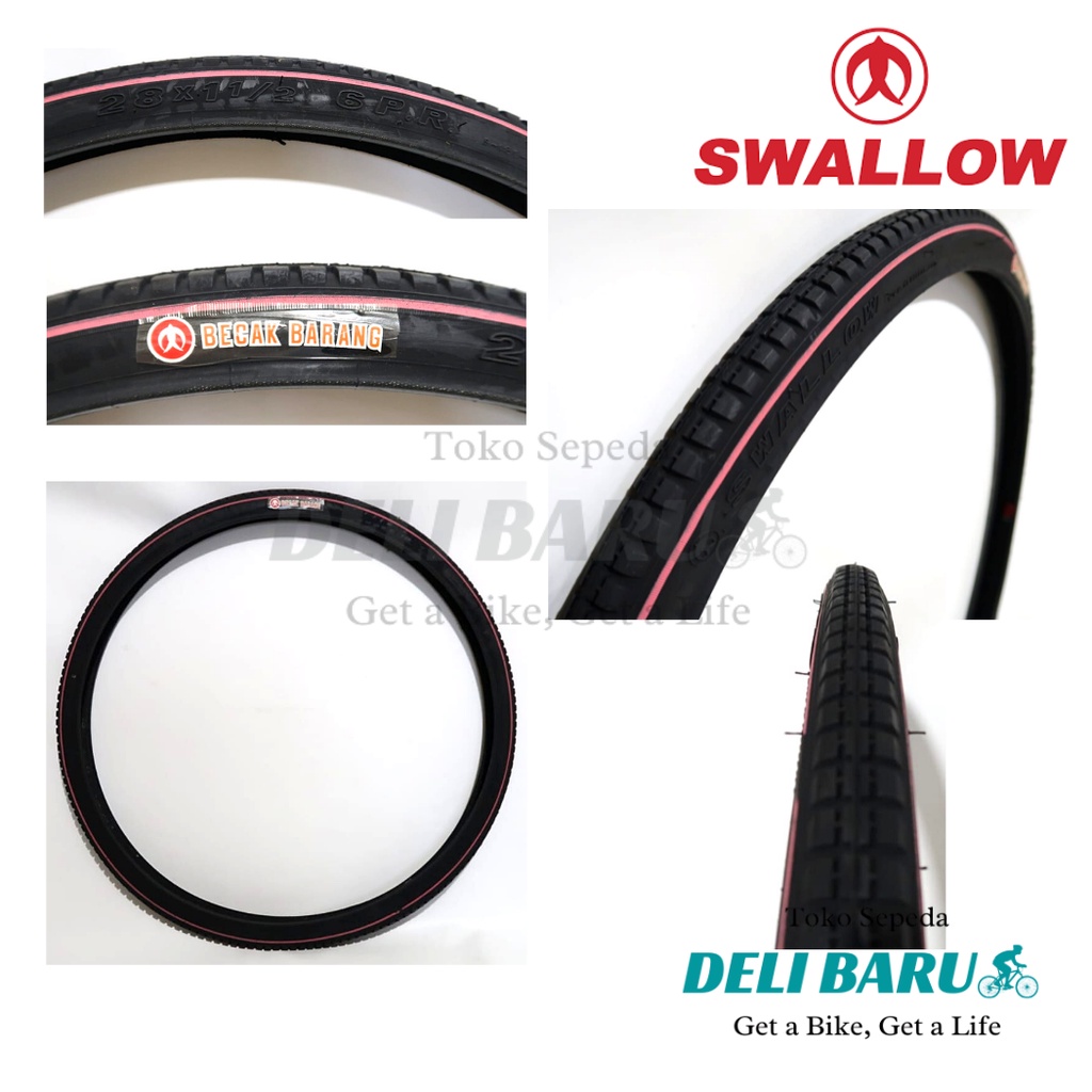 Swallow Ban luar 28 x 1 1/2 hitam list merah jambu 6 PR gerobak becak