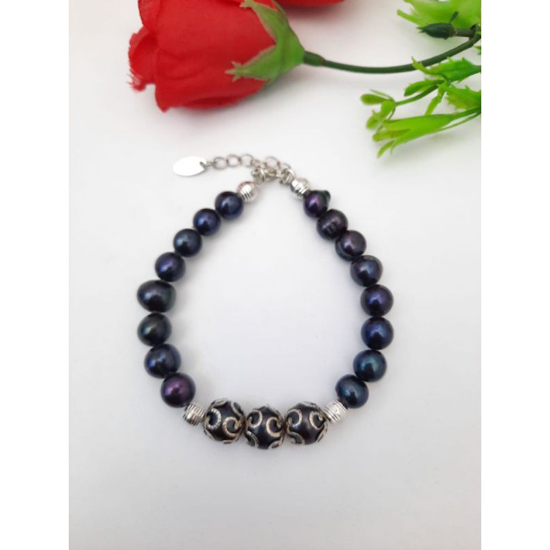 BERSERTIFIKAT GELANG UNIK MUTIARA AIR TAWAR LOMBOK GELANG CEWEK ELEGAN KEREN MUTIARA ASLI HITAM