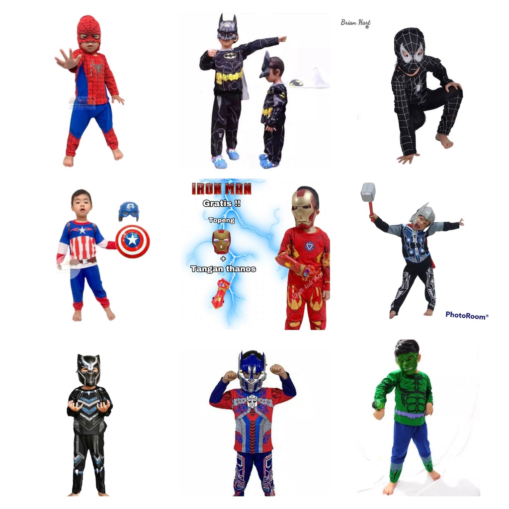 KOSTUM SETELAN ANAK SUPERHERO SPIDERMAN TOPENG KAIN BATMAN VENOM CAPTAIN AMERIKA TAMENG IRON MAN TANGAN THANOS THOR PALU BLACK PANTHER TRANSFORMERS HULK