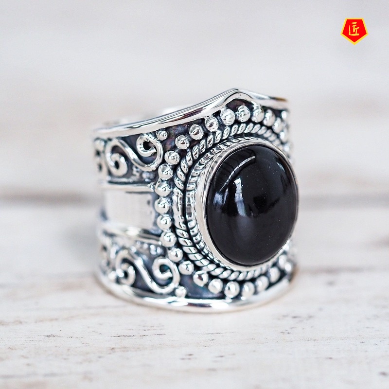 [Ready Stock]Retro Moonstone Silver Ring Women's Black Agate Turquoise