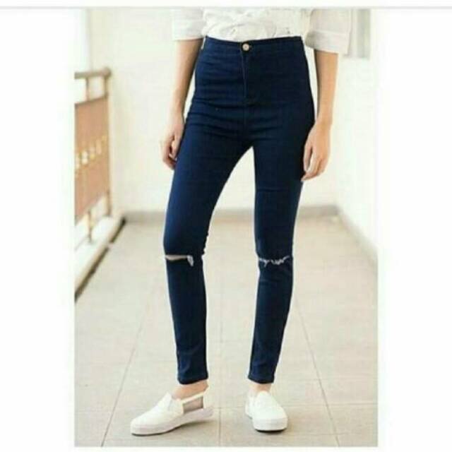 Miss Hotty High Waist Knee Cut Jeans Original Navy Celana Panjang Hiwaist Premium