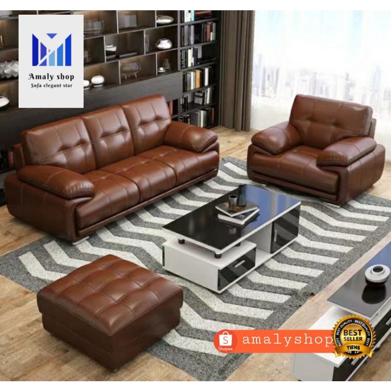Sofa Kulit 31+Stool Kursi Tamu Minimalis Mewah Gaya Amerika Kursi Retro Jati