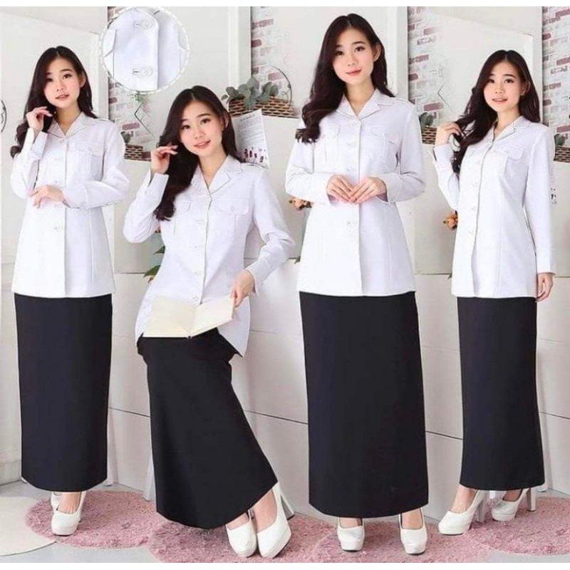 BAJU SERAGAM ASN PUTIH HITAM SET ROK SPAN BAJU DINAS GURU KANTONG 2 PTH. FREE HIJAB