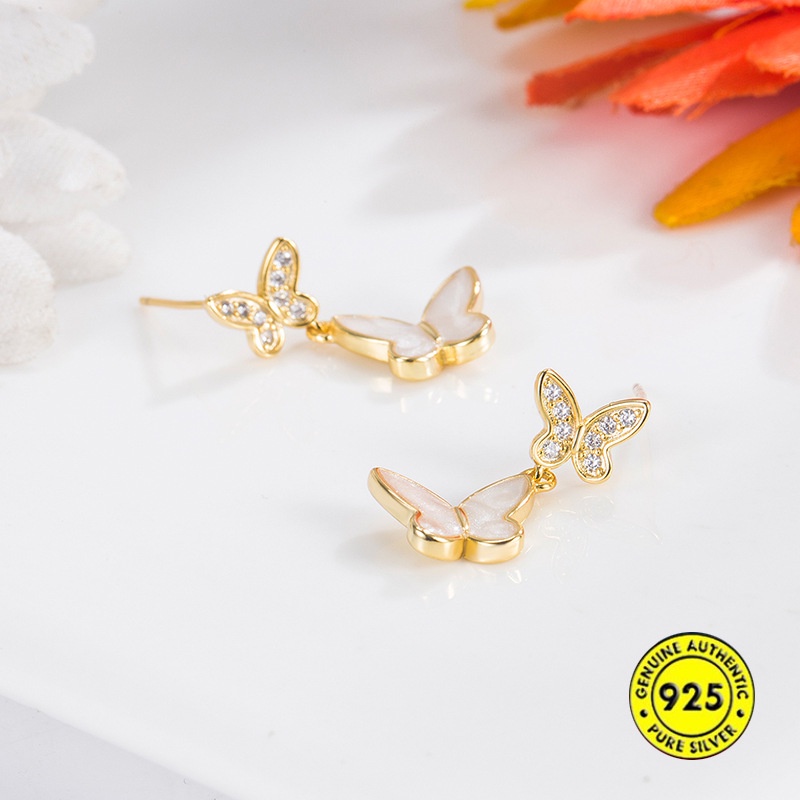 Anting Tusuk Sterling Silver 925 Desain Kupu-Kupu Hias Berlian Imitasi Untuk Wanita Butterfly