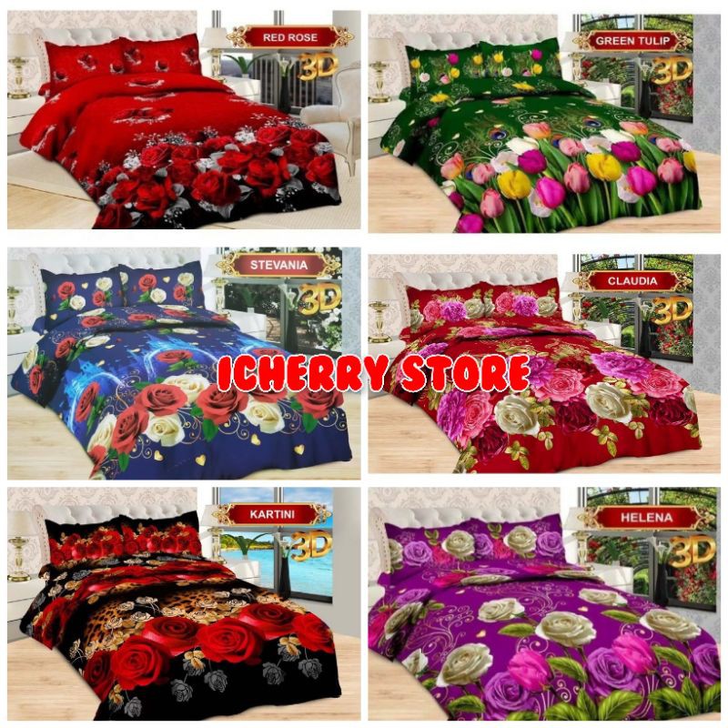 Sprei Bonita 3D Super Single Queen King 100x200 120x200 180x200 Wedding Red Rose, Green Tulip, Steva