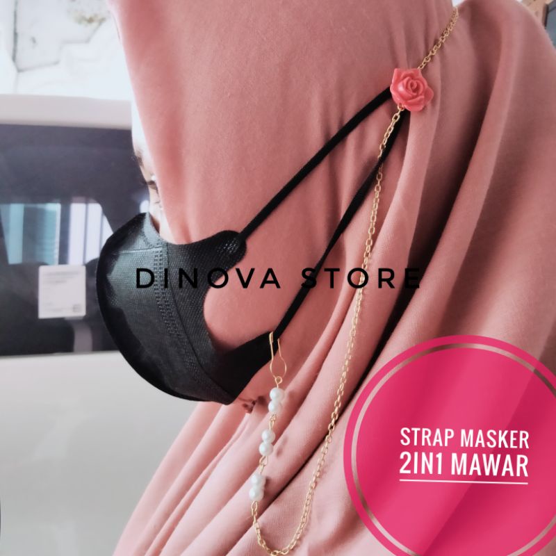 Strap masker 2in1 fallin  mutiara putih/silverMAWAR RESIN RANDOM/konektor masker 2in1