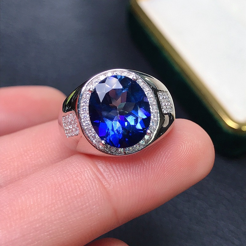 Cincin Sapphire Zircon Oval Warna Silver Untuk Pria