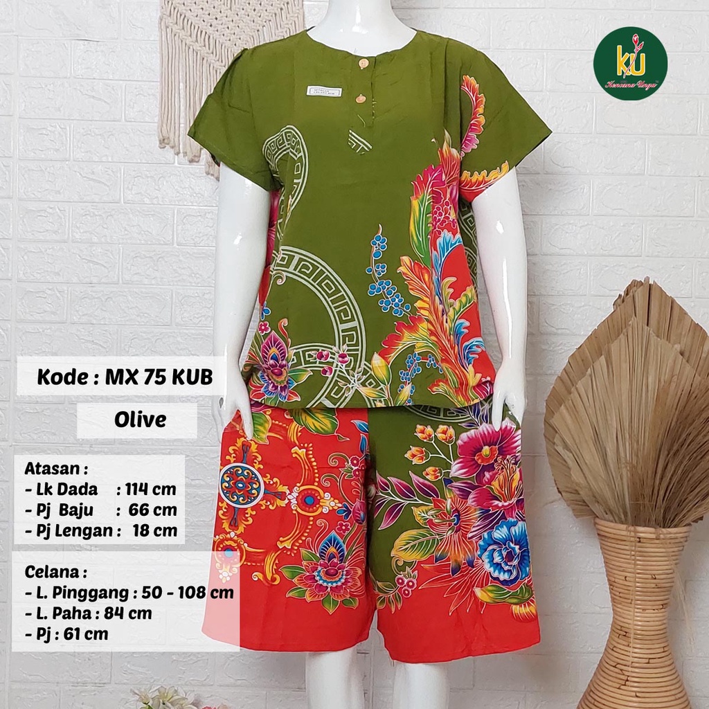 Bisa COD MX75 KUB | Setelan Kulot Celana Pendek Batik Kencana Ungu Asli Label Biru | Baju Santai Piyama Tidur Wanita Kancing Depan Busui Friendly Motif Terbaru-Olive B