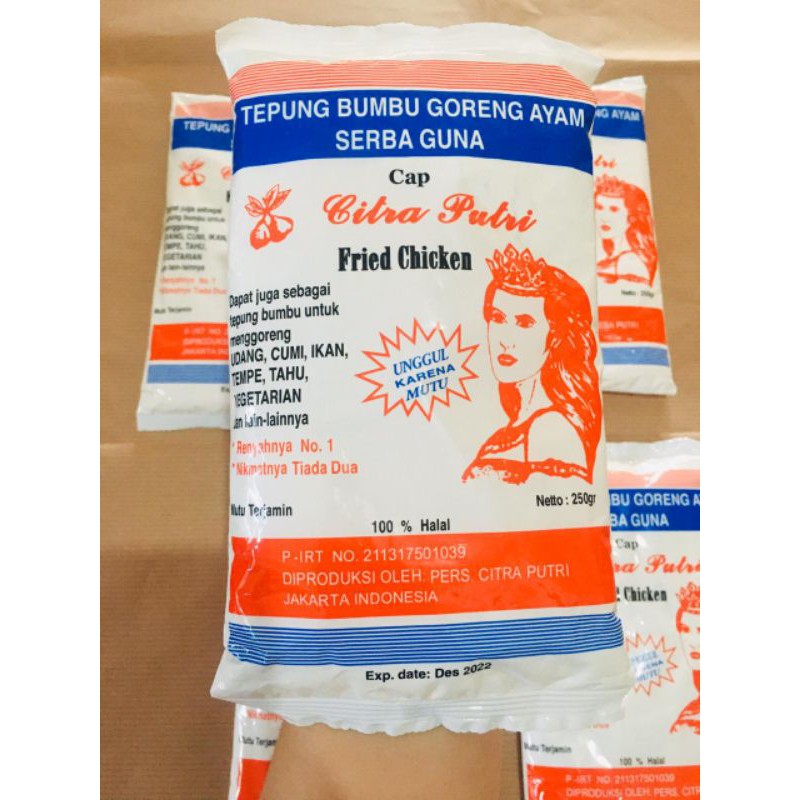 

TEPUNG BUMBU GORENG AYAM SERBA GUNA CAP CITRA PUTRI 250 GRAM 100% HALAL FRIED CHICKEN