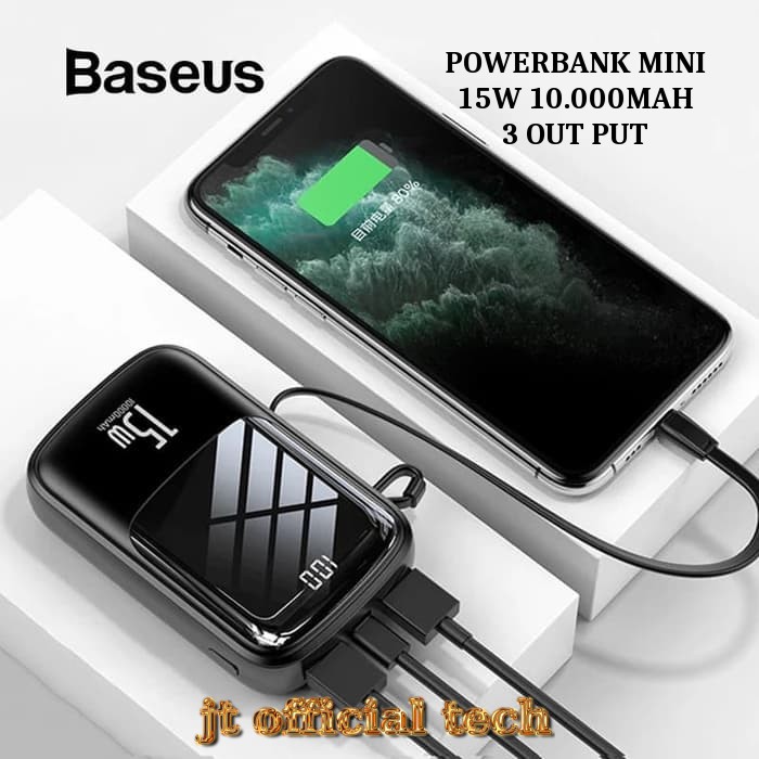POWERBANK MINI BASEUS ORIGINAL 15W 10000MAH QPOW 3A 3 OUT PUT FOR IPHONE SAMSUNG HUAWEI