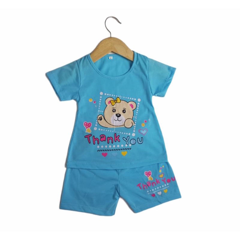 SETELAN ANAK SIKUNING PAKAIAN BAJU ANAK PEREMPUAN MOTIF THANK YOU BEAR CELANA PENDEK BAJU PENDEK