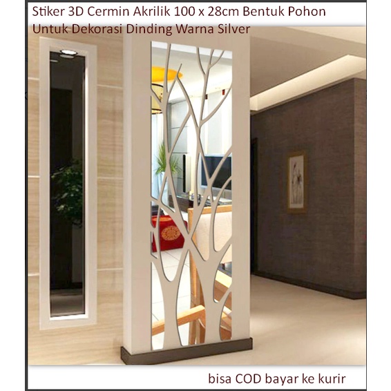 Stiker 3D Cermin Akrilik 100 x 28cm Bentuk Pohon Untuk Dekorasi Dinding Warna  Silver