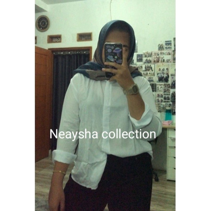 Kemeja wanita polos basic lengan panjang bahan katun rayon-Putih