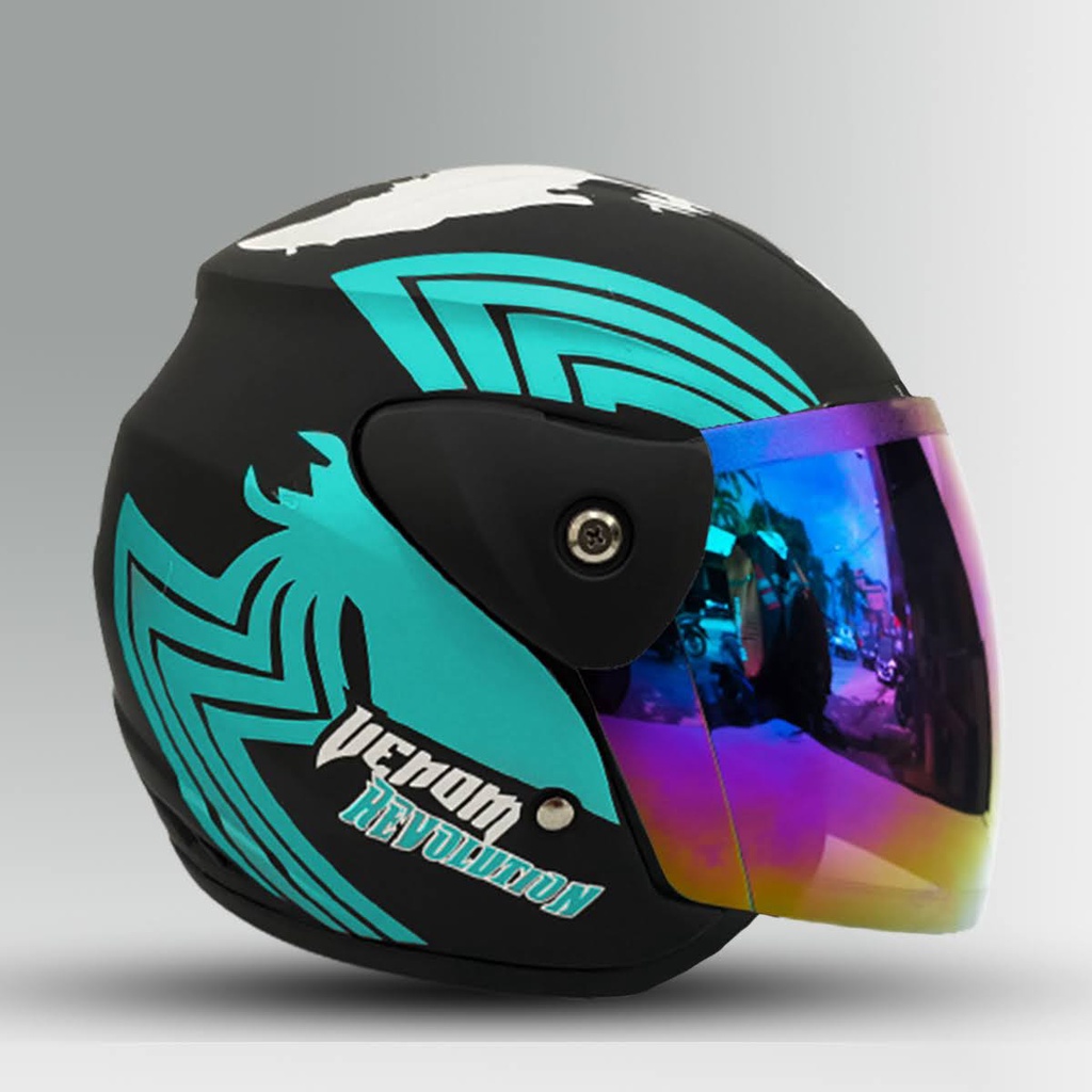 Helm Half Face Evo Evolution Venom Kaca Silver / Pelangi - Helm Premium Untuk Pria Dan Wanita Dewasa SNI