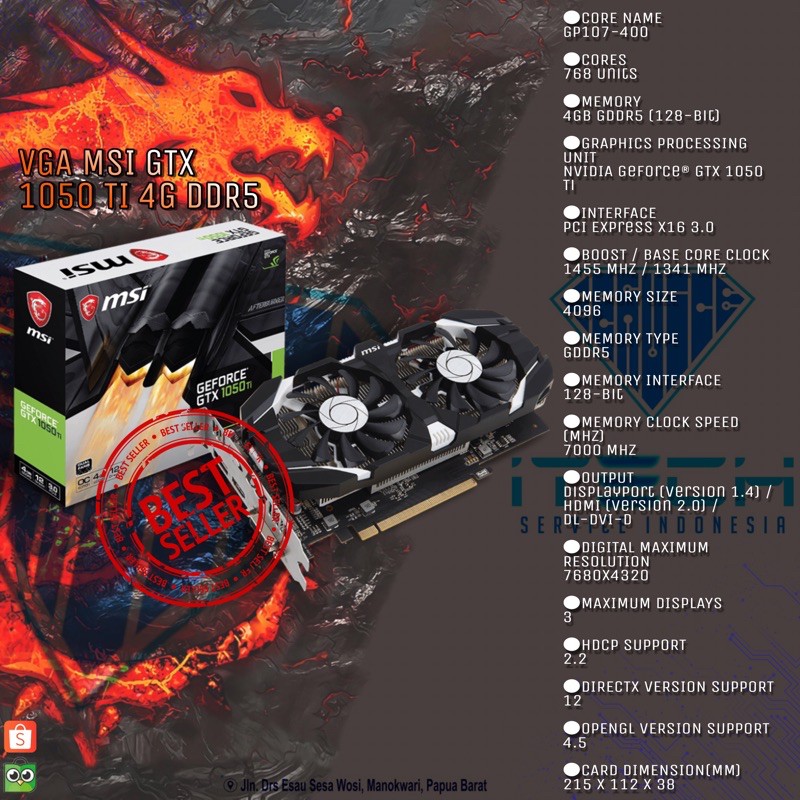 VGA MSI GTX 1050TI 4GB DDR5 OC DUAL FAN