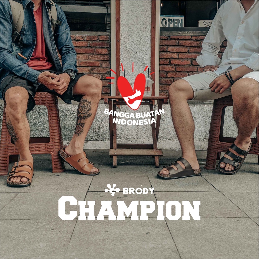 Brody CHAMPION  Sandal pria casual sendal slop sol puyuh kekinian model birken ban tiga gesper kulit keren