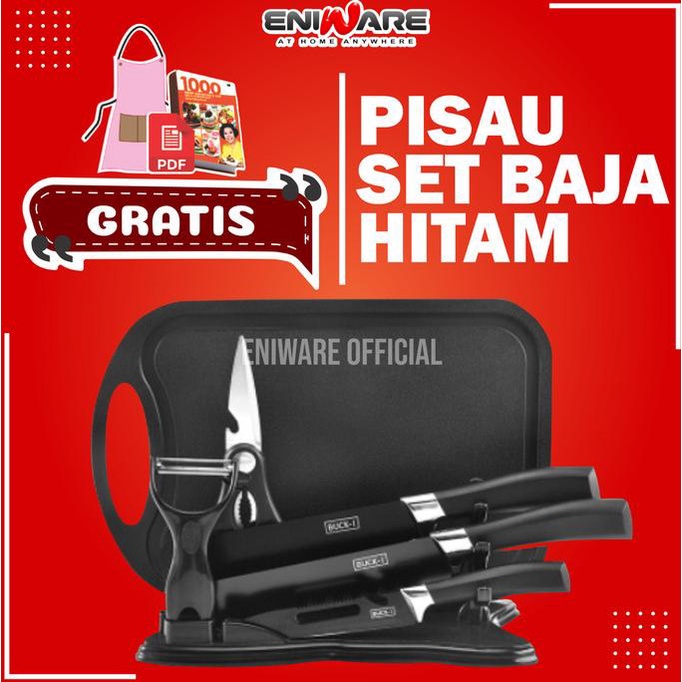 Pisau Set Baja Hitam Telenan Anti Karat Anti Lengket Free Celemek ---NEW---