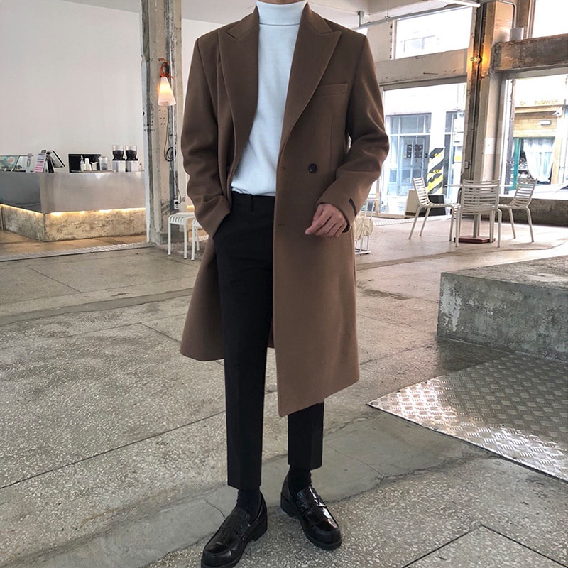 Jaket Jas Blazer Jubah Panjang Pria Long Coat Pria Korea Bahan Flece Kekinian Brown M