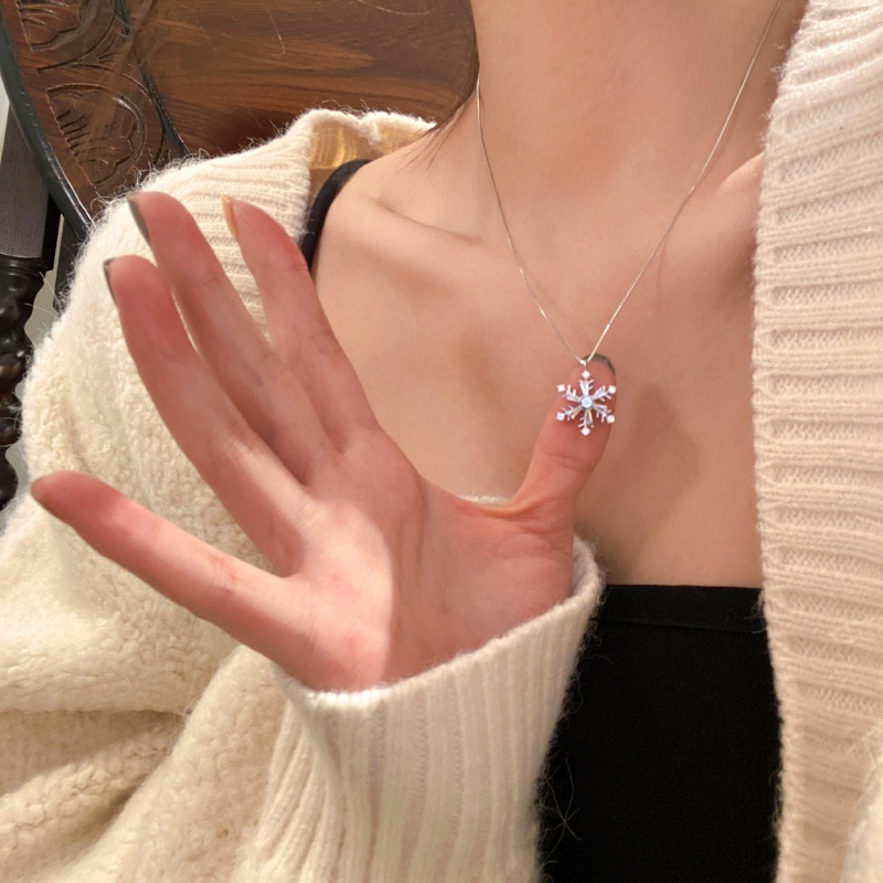 Anting Dan Kalung S925 Silver Bentuk Snowflake Aksen Berlian Gaya Korea Untuk Wanita