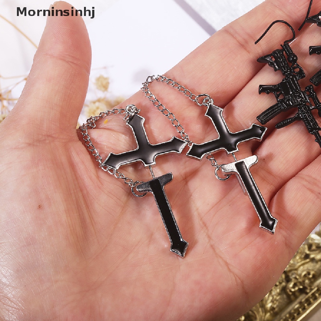 Mornin Anting Fashion Punk Black Cross Drop Untuk Remaja Vintage Rock Pride Rantai Panjang id