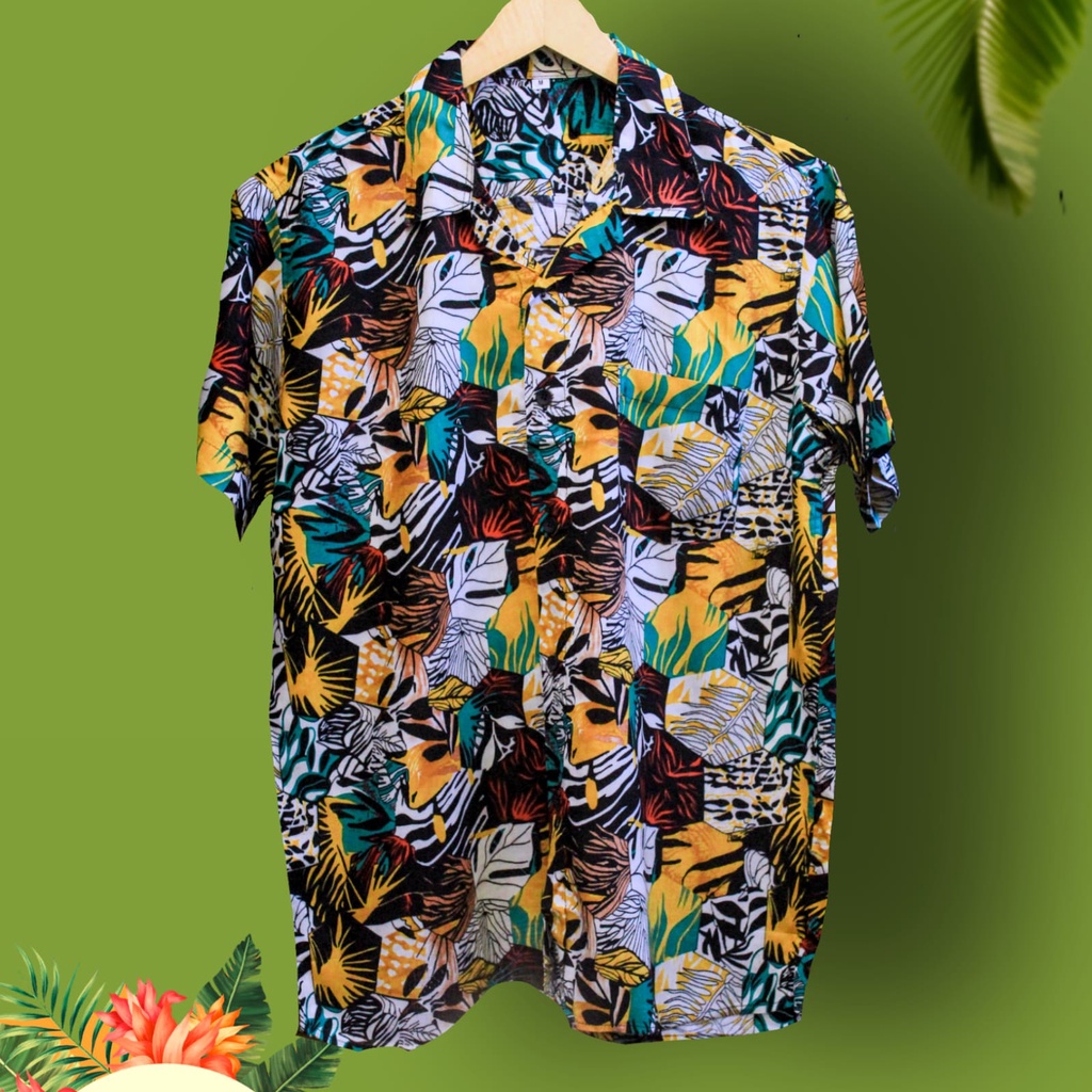 KEMEJA PRIA MOTIF HAWAII PANTAI LENGAN PENDEK MOTIF DAUN TROPICAL BELLARIGO