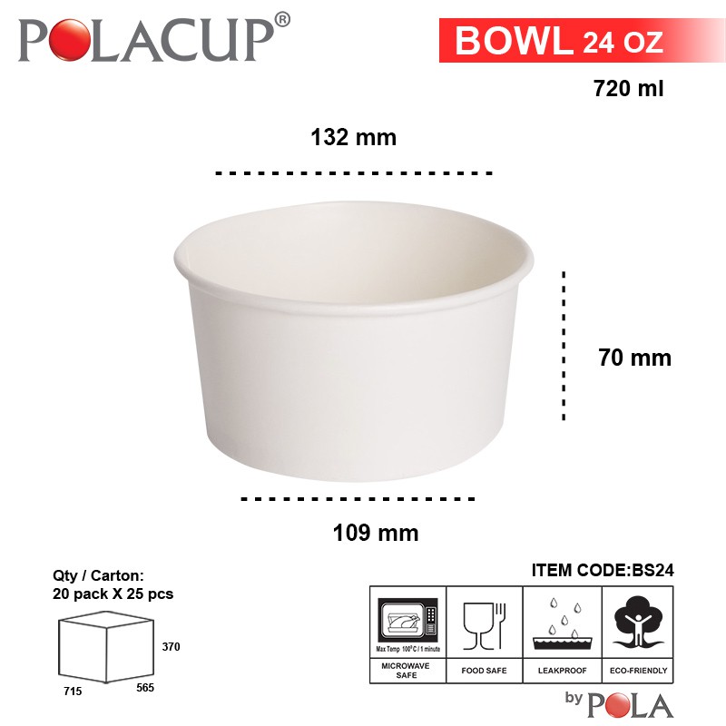 POLA Paper Bowl 24 oz polos/ Mangkok Kertas 720 ml - 25pcs