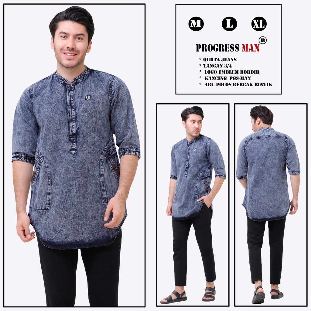 PROGRESS MAN baju koko jeans pria lengan tiga perempat koko kurta pangsi kemeja koko denim pria lengan tiga perempat kurta pangsi jeans baju kurta denim dewasa logo bordir Hitam washing P4N9S407