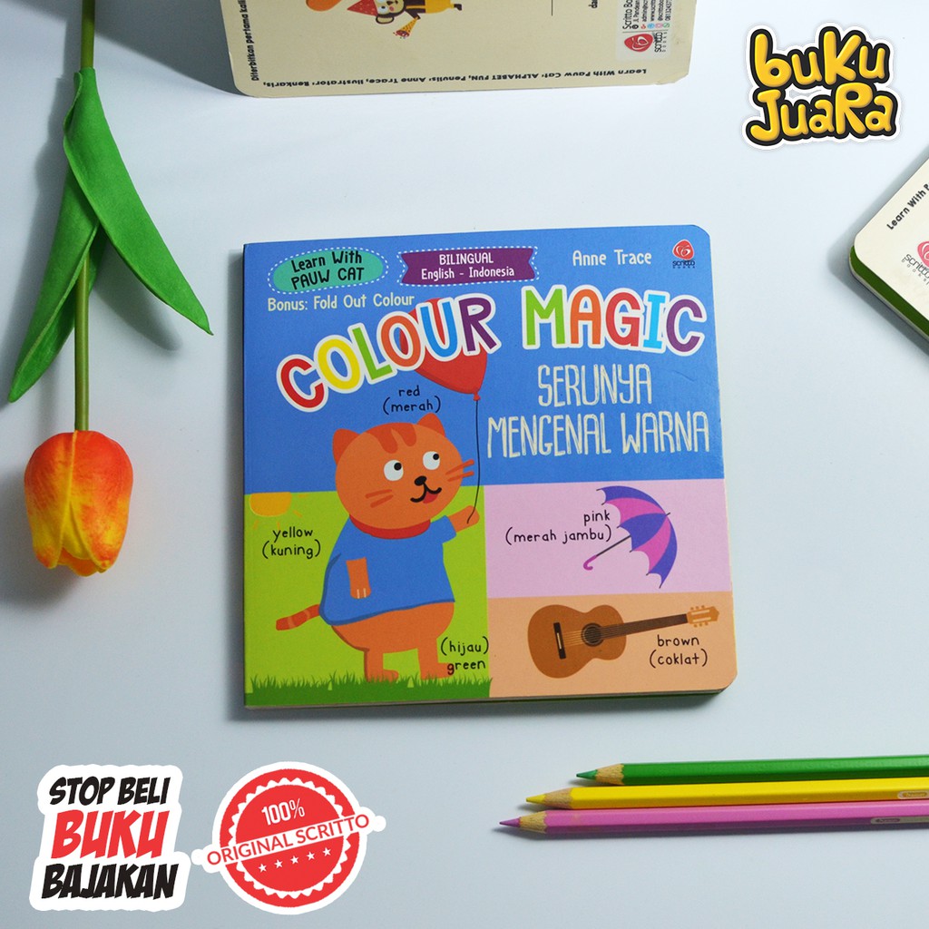 LEARN WITH PAUW CAT: COLOUR MAGIC Buku Anak Mengenal Warna Bahasa Inggris Indonesia Bonus Pop Up
