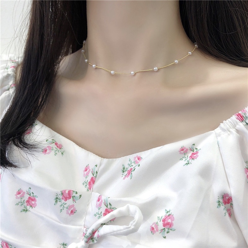 Kalung Choker Rantai Manik-Manik Mutiara Warna Emas Gaya Gotik Untuk Wanita