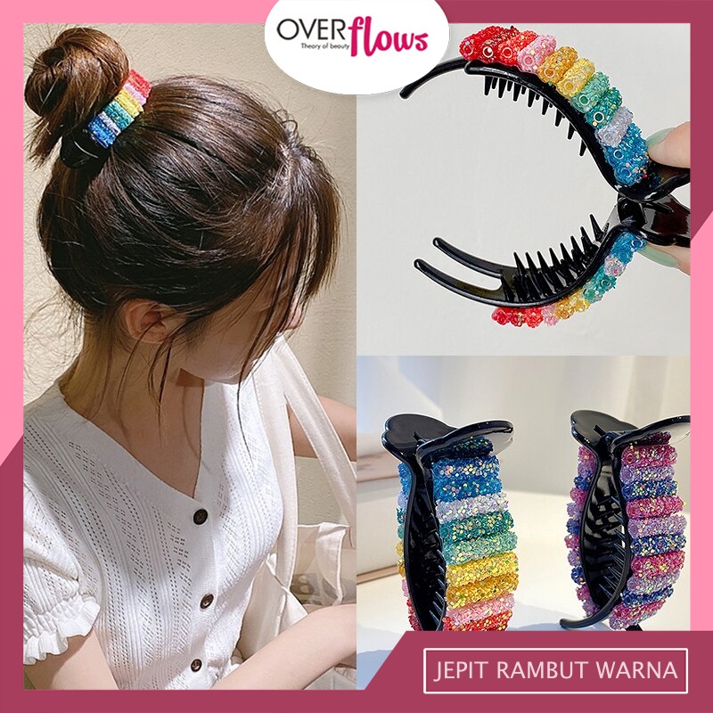 OVERFLOWS.ID Jepit Rambut Warna Pelangi Gaya Korea Aksesoris Jepit Jedai Jumbo Hairclip