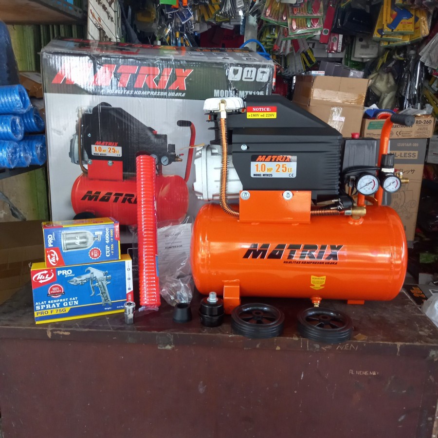 PAKET Komplit Kompresor Cat Listrik 1 Hp 25 Liter Matrix MTX-125 MTX25