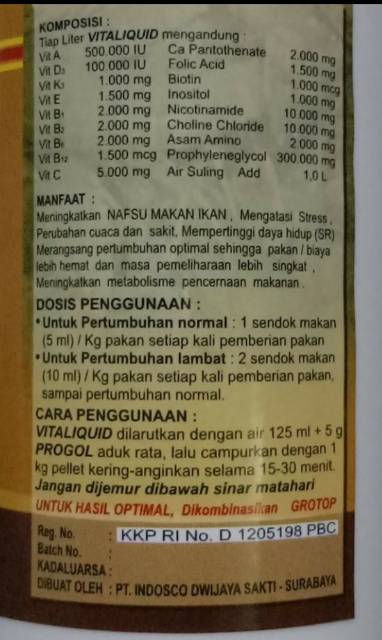 VITALIQUID 1 liter Boster multivitamin pertumbuhan ikan udang