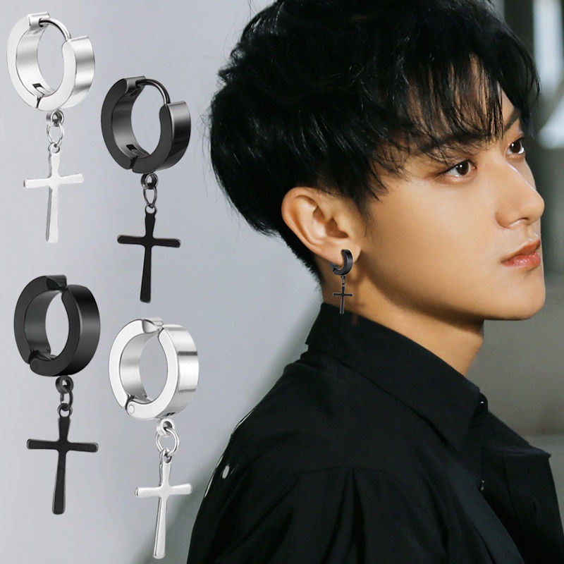 1 Pc Anting Stud Anti Pudar Bentuk Bulat Salib Bahan Titanium Gaya Hip Hop Punk Untuk Pria Dan Wanita