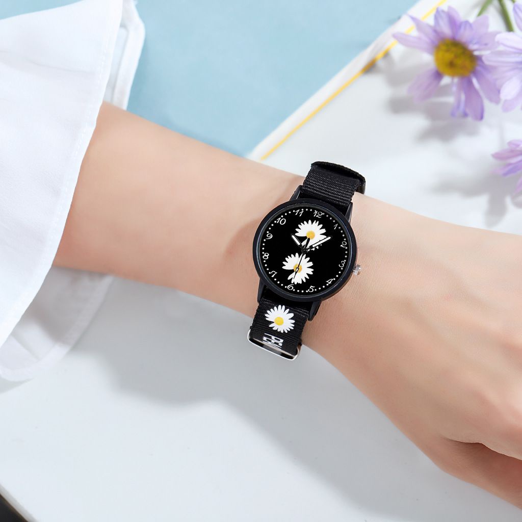 ✅COD [BBS] Jam Tangan Wanita Quartz Analog Motif Bunga Daisy Bahan Nilon Kanvas