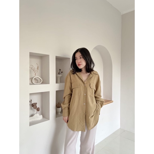 SIVALI Kemeja Oversize Linen Wanita Double Pocket | Linen Shirt - Atasan Lengan Panjang 3304