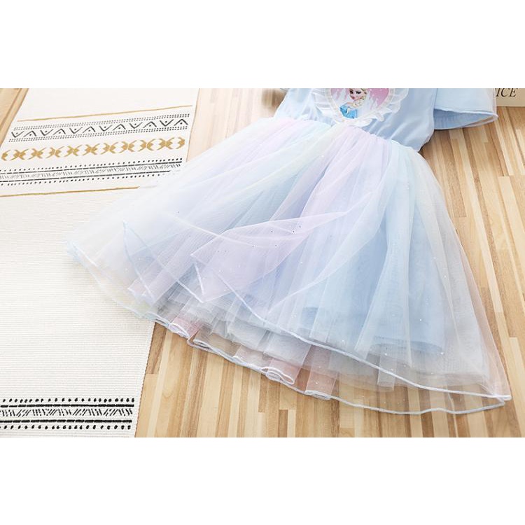 Anak Perempuan Frozen Elsa Dicetak Tulle Princess Dress Anak Lengan Panjang Elsa Gaun Pesta