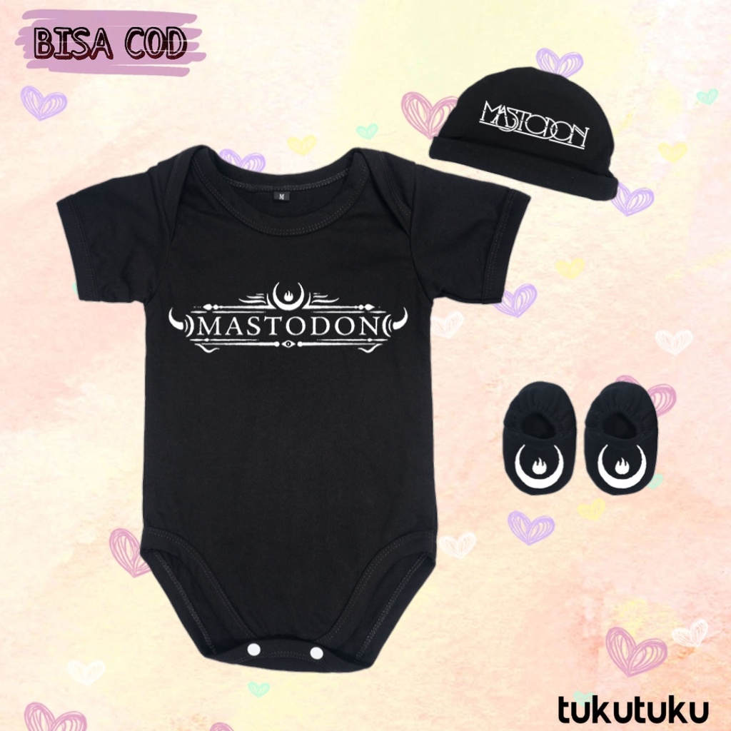 Set 3 in 1 Jumper Bayi Band Topi Kupluk dan Sepatu Newborn Jumpsuit Lucu Band Progressive Metal Mast
