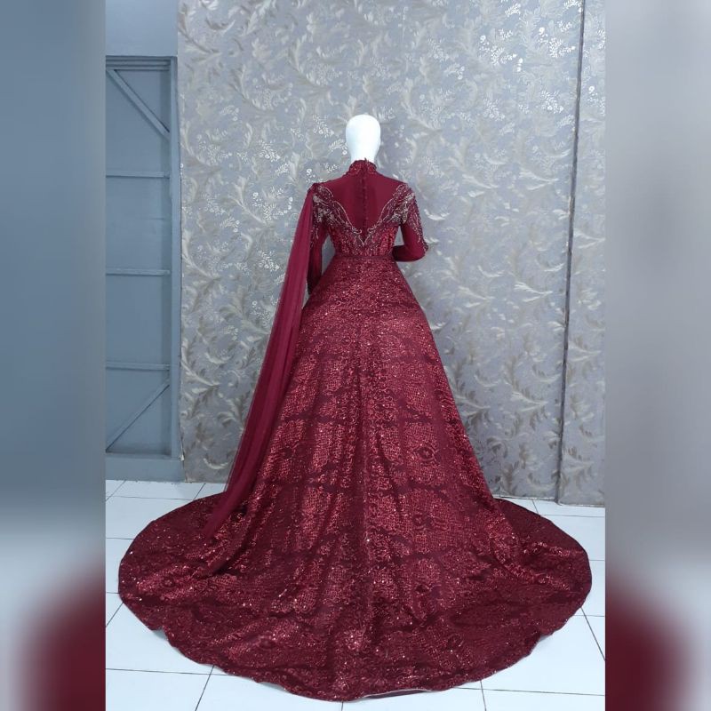 Gaun pengantin akad kebaya langsung konveksi maroon