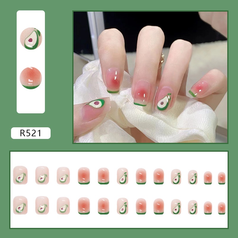 24pcs / Kotak Kuku Palsu Bentuk Persegi Warna Pink Alpukat Hijau