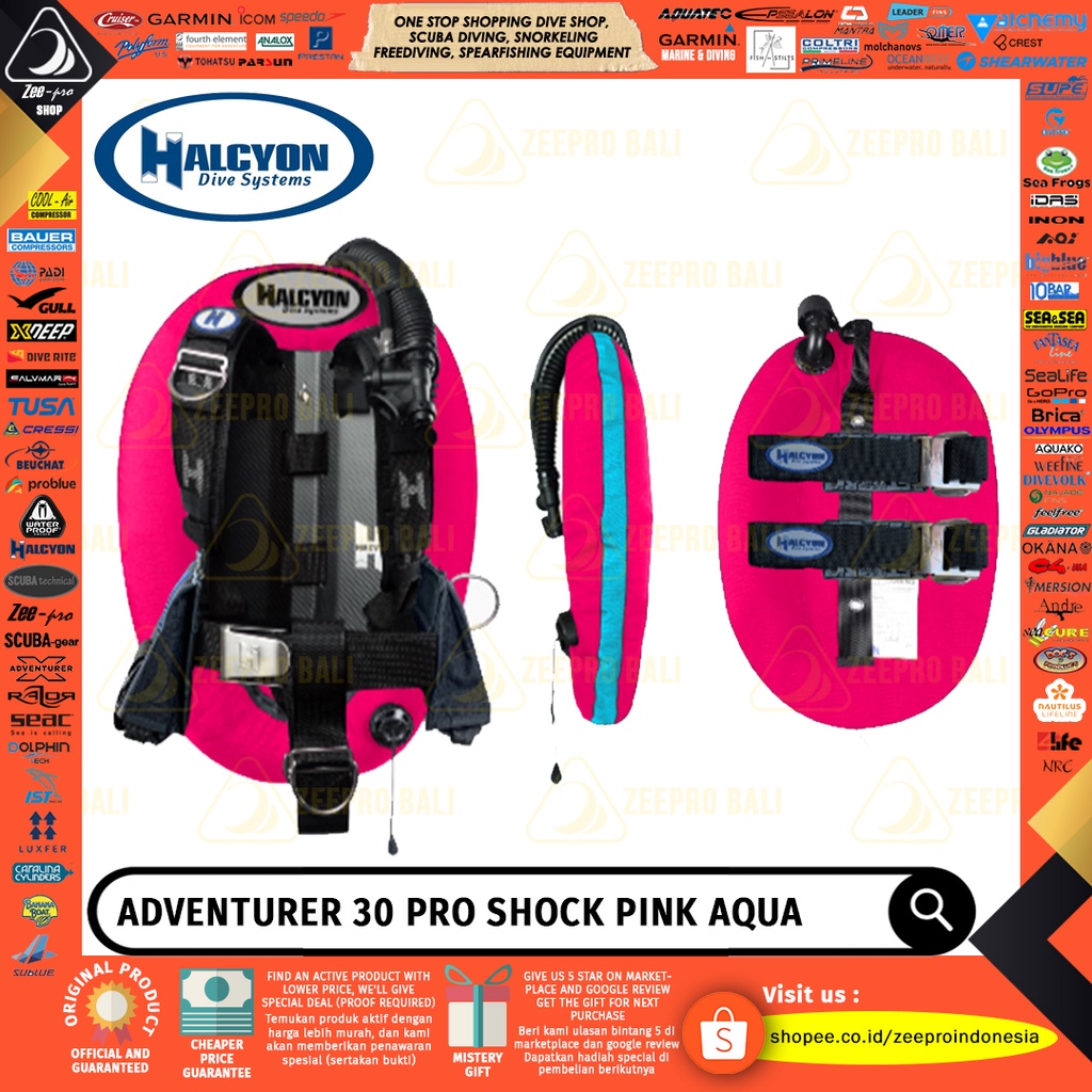 Technical Wing BCD Halcyon Adventurer 30 Pro Scuba Diving Custom Bladder Shock Pink Aqua Carbon Back