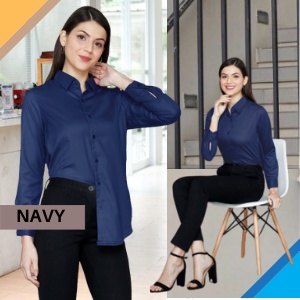 kemeja wanita casual blouse wanita korean style oversize polos lengan panjang terbaru kekinian SS04-NAVY
